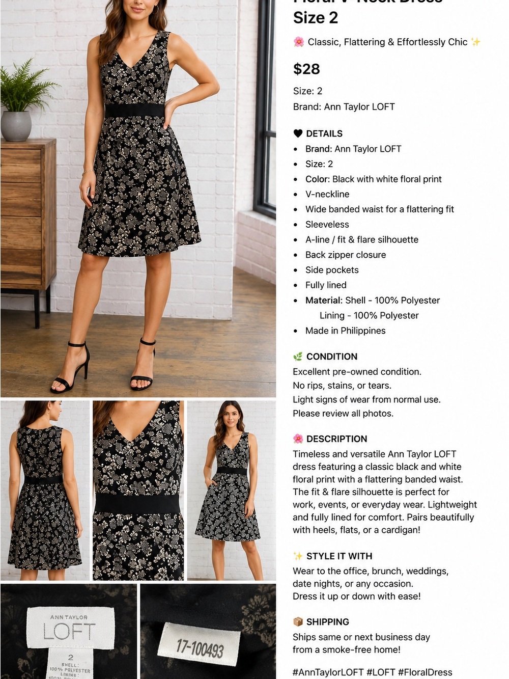 Ann Taylor LOFT Black & White Floral Sleeveless Dress Size 2
